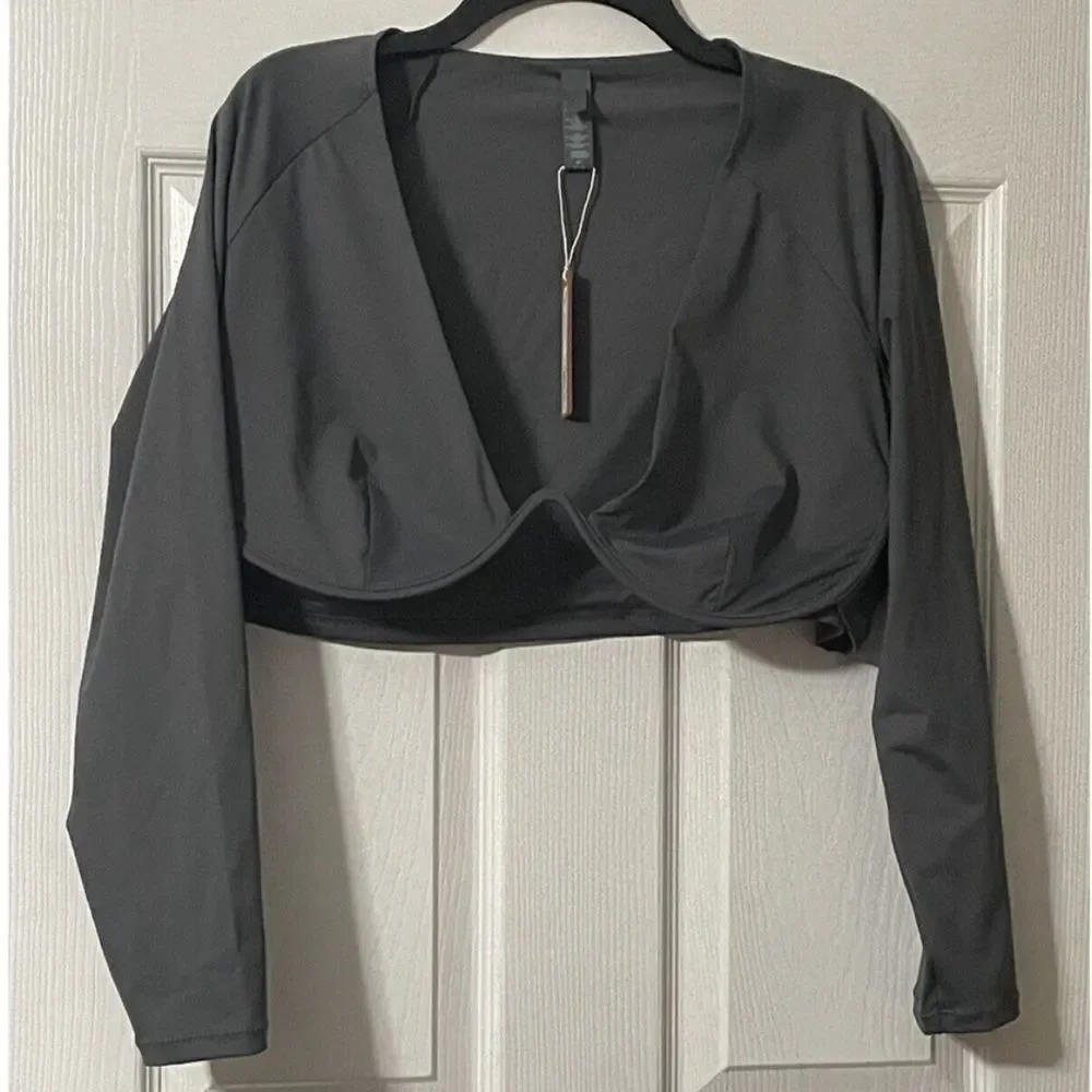 NWT SKIMS Swim Long Sleeved Underwire Top In Gun Metal Gray Swim Two Piece Top